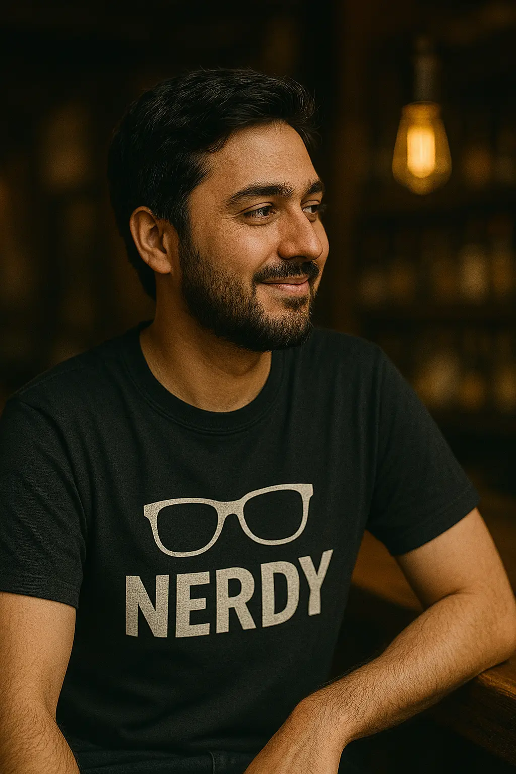 Haseeb wearing a black T-shirt that reads 'NERDY' and smiling sideways